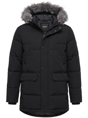 DKNY Men's Black Hooded Puffer with Faux-Fur Trimmed Hood